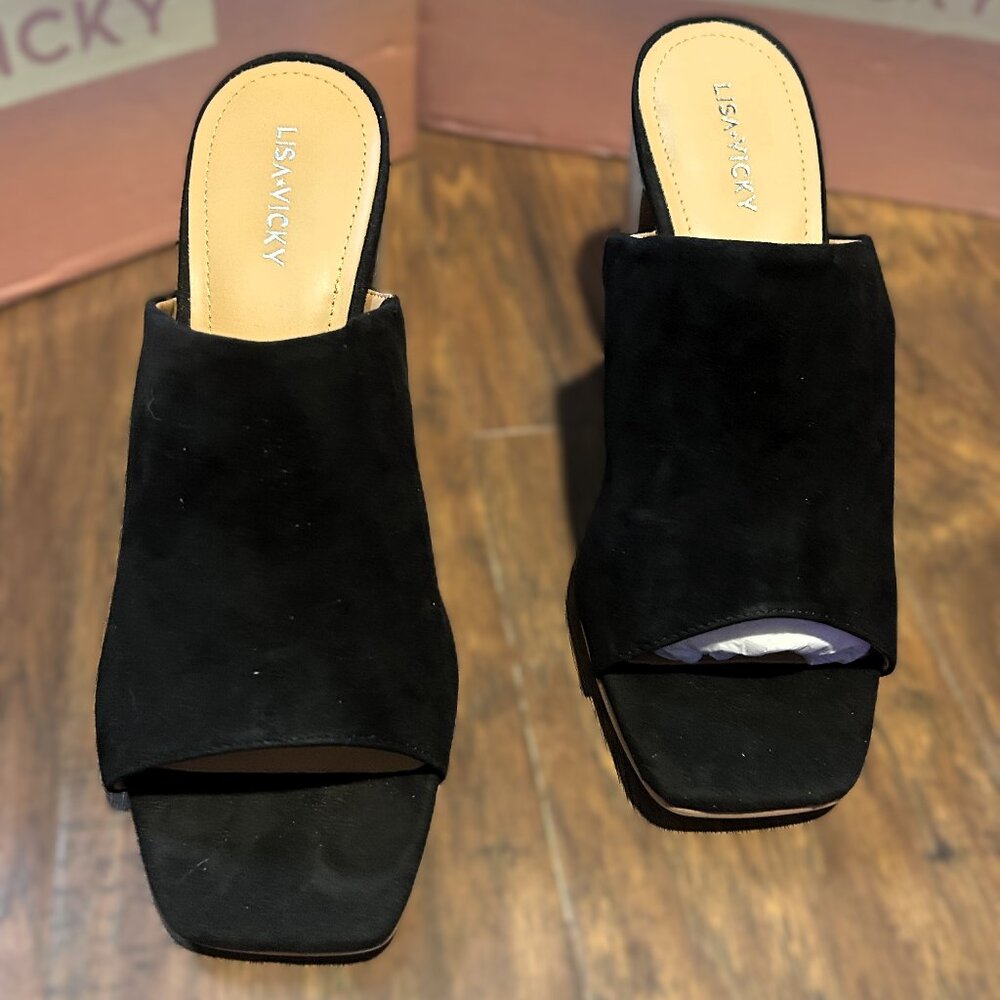 Lisa Vicky Black Suede Block Heel Mules-Size 9.5 (New in Box)